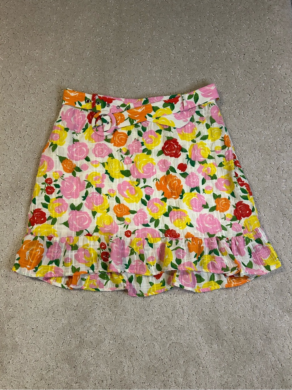 Mango Women Belted Ruffle Hem Crinkle Mini Skirt Sz Large Floral Springy Easter